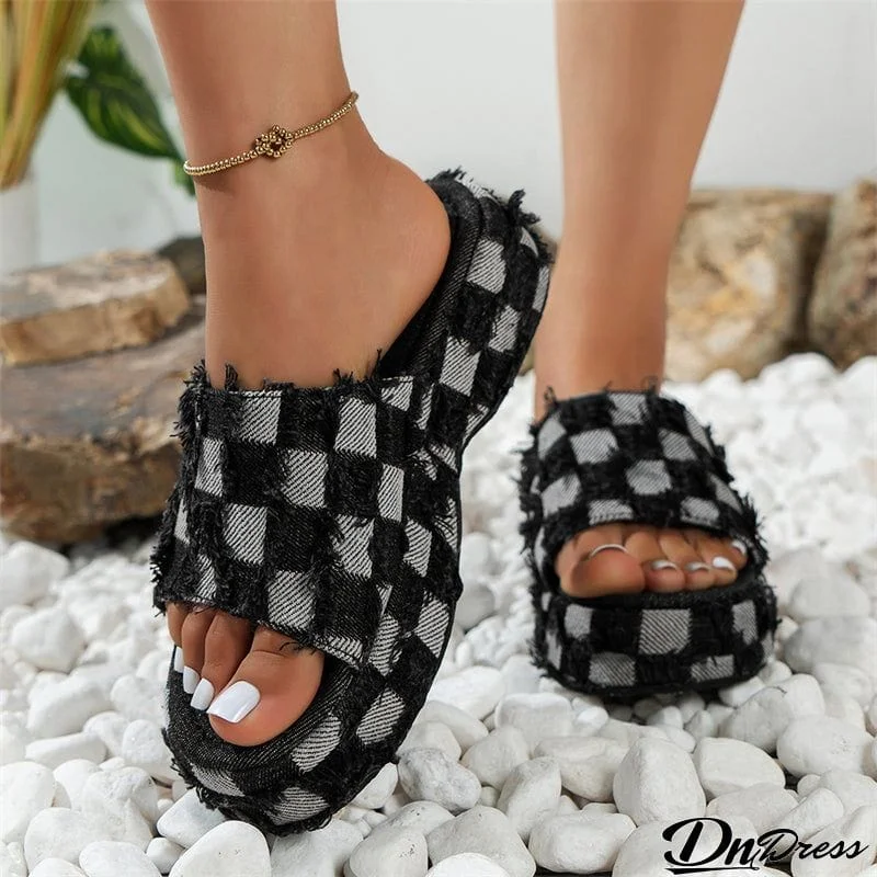 Vintage Plaid Raw Edge Denim Thick Sole Slippers for Lady