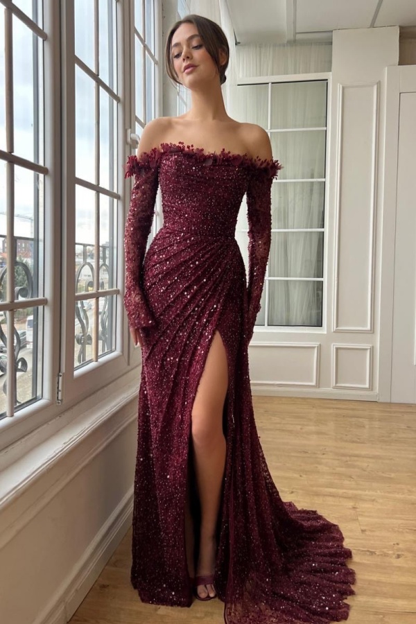 Cabemet Long Sleeves Strapless Sequins Beaded Split Evening Dress | ZT0364