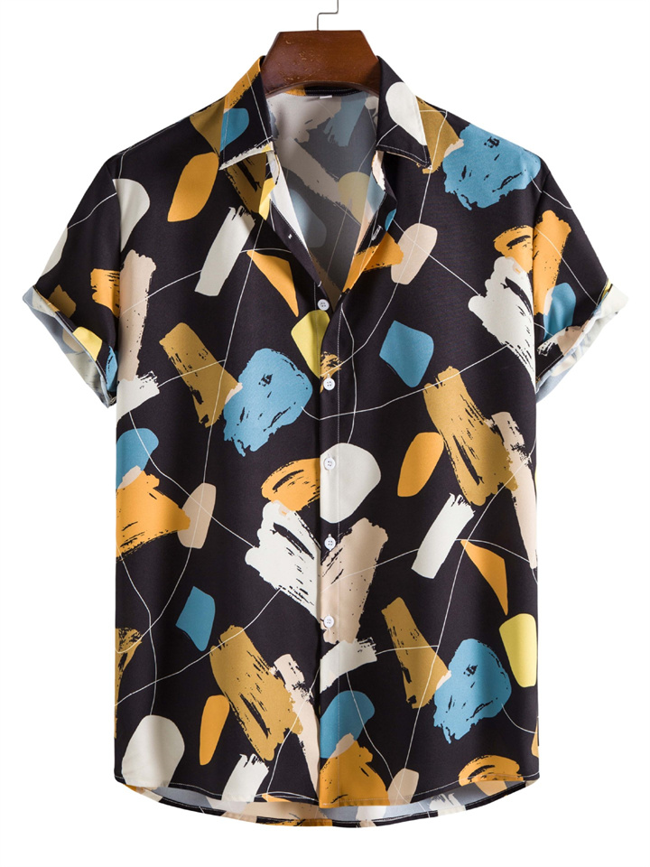 Men's Summer Casual White Graffiti Lapel Cotton Slim Type Printing Four Seasons Universal Shirt