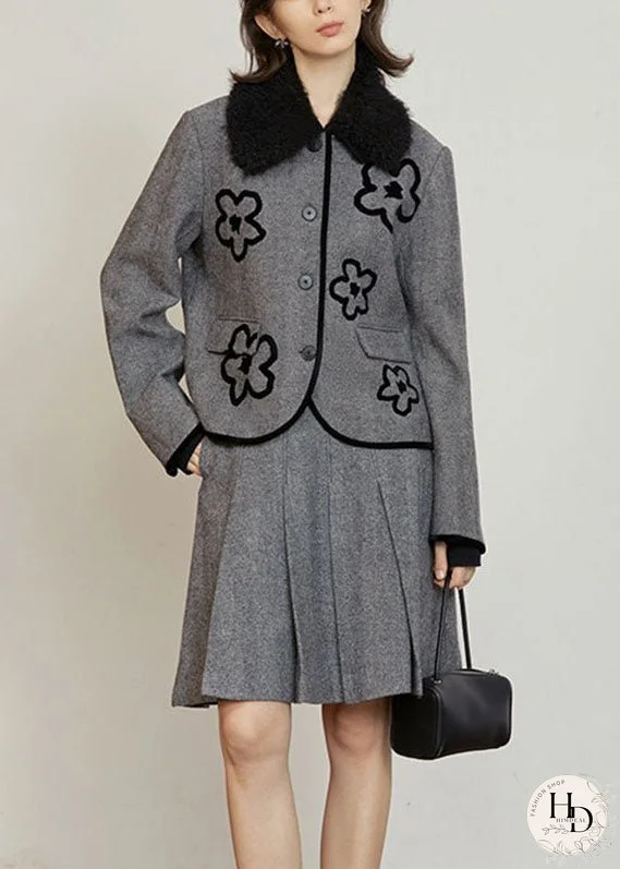 Organic Grey Floral Button Woolen Coat And Skirts Two Pieces Set Fall