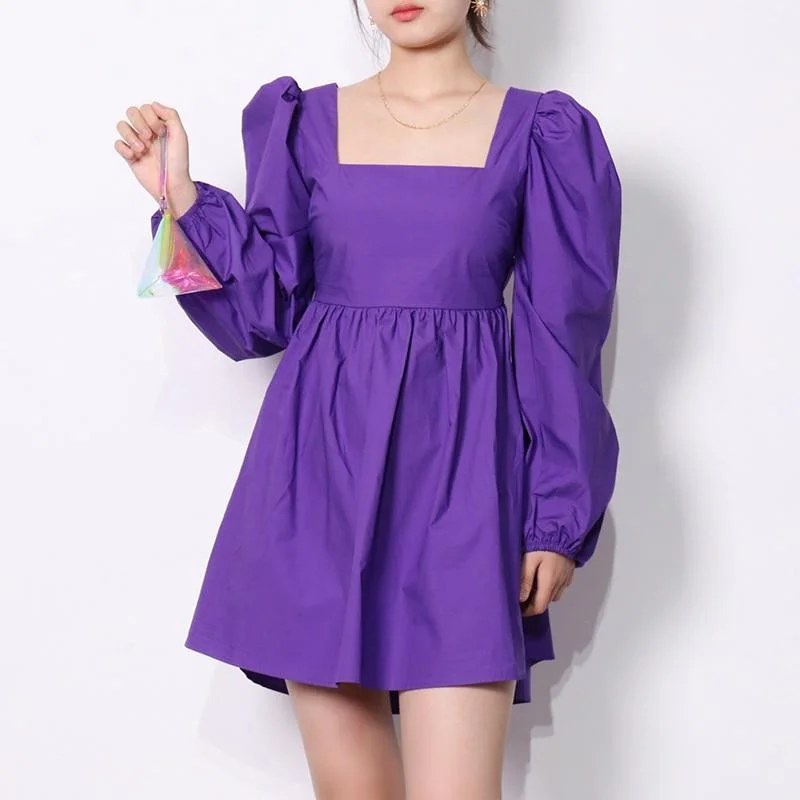 ABEBEY Elegant Hollow Out Dress Female Square Collar Long Sleeve Lace Up Bowknot Mini Dresses Female Fashion New Style
