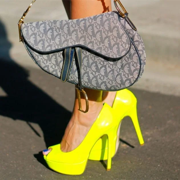 Yellow Patent Leather Platform Peep Toe Stiletto Pumps Vdcoo