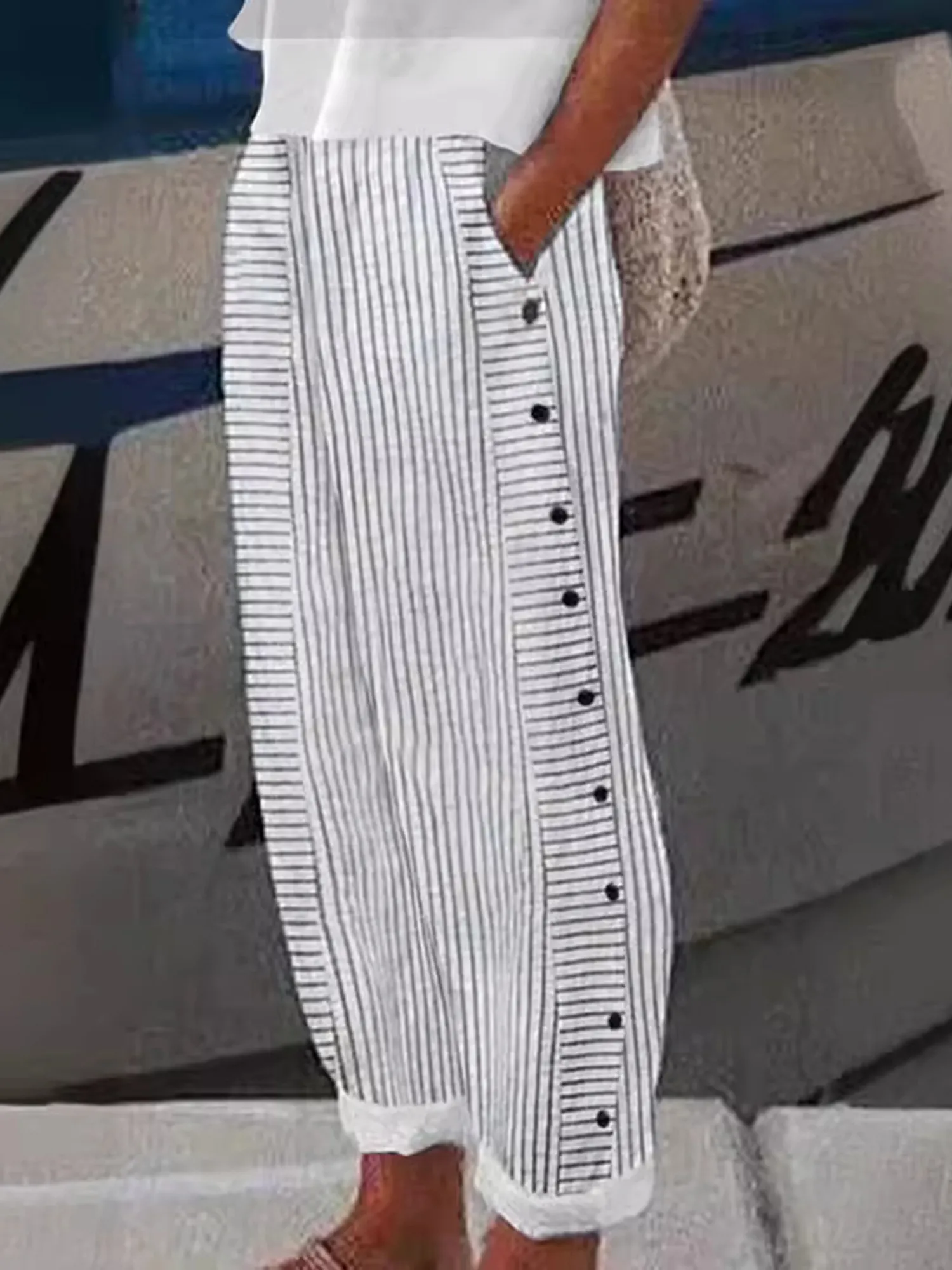 Womens Stripe Pants Elastic Waist Side Buttons Loose Straight Trousers Spring Summer | IFYHOME