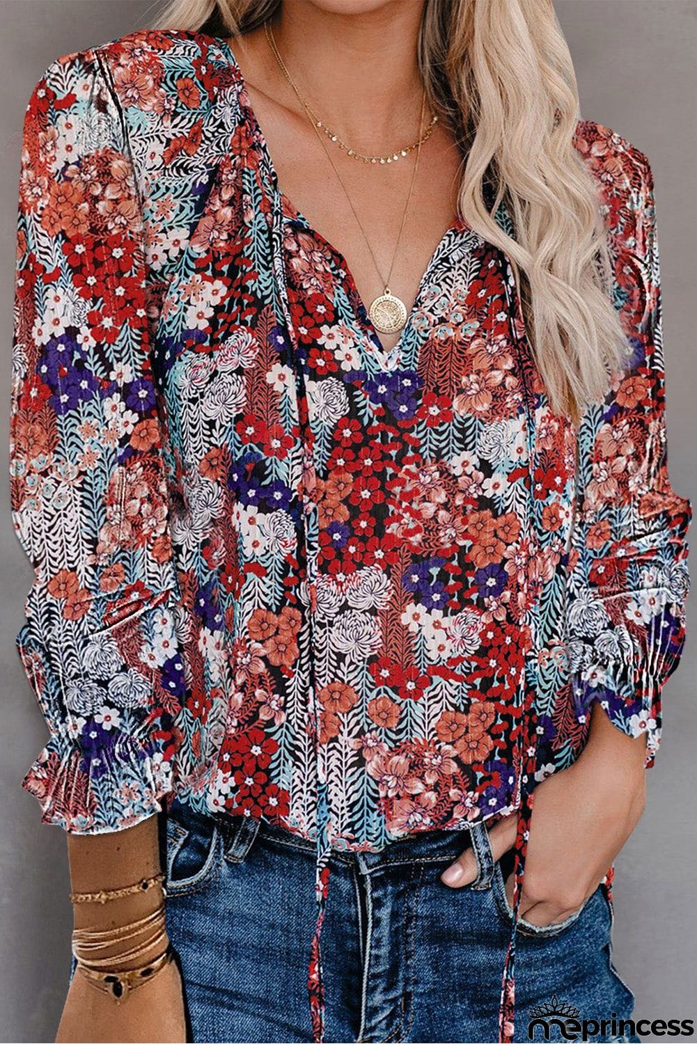 Printed Long Sleeve V-Neck Drawstring Shirt