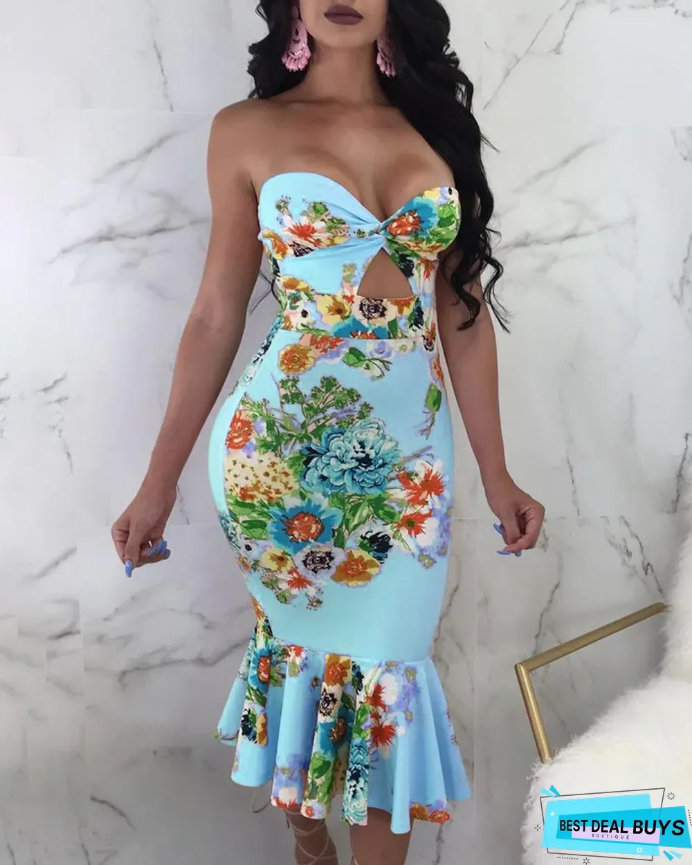 Floral Print Ruffles Hem Tube Dress