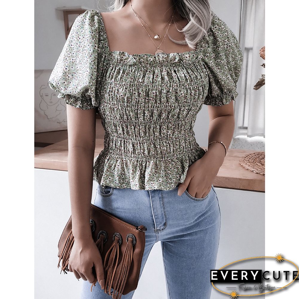 Green Square Neck Floral Print Chiffon Blouse