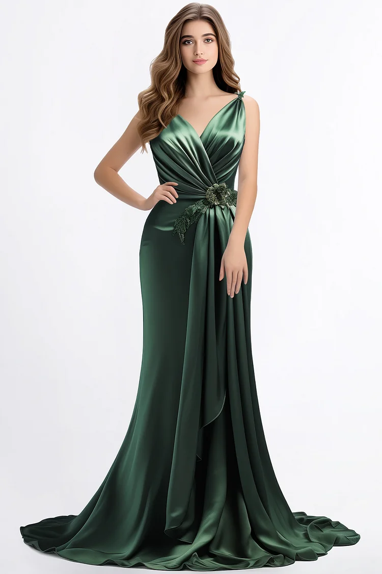 Zaruci Wedding Guest Hunter Green Satin Wrap Sleeveless Sheath Maxi Dress [Pre-Order]
