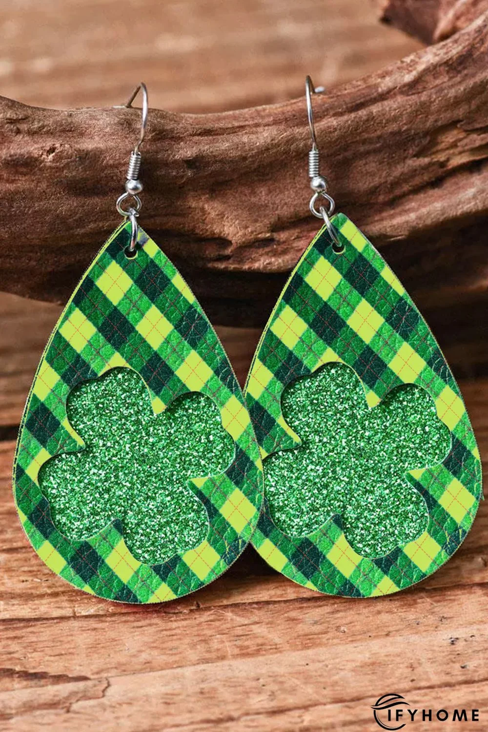 Green St. Patricks Day Lucky Shamrock Glitter Plaid Earrings | IFYHOME