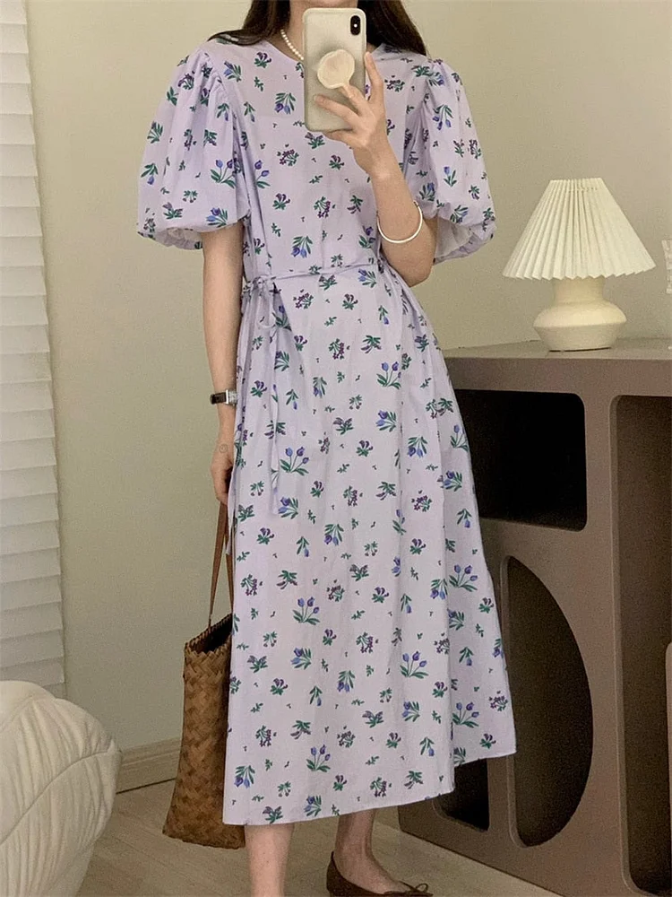 Sweet Purple O-neck Floral Printed Lace-up Puff Sleeve Dress  