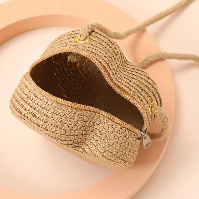 Kid’S Straw Heart Shape Cute Heart-shaped Zipper Shoulder Bag