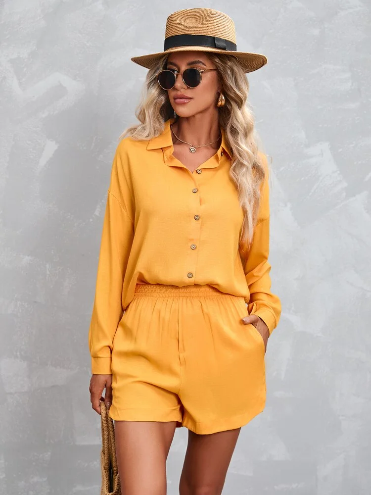 New Summer Leisure Suit Women's Long Sleeve Shirt Shorts 2-piece Fashion Temperament Street Women's Dress Two Piece Set