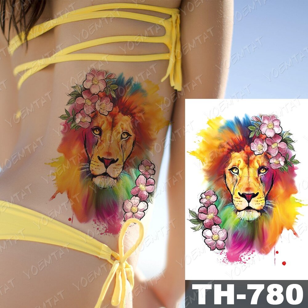 Gingf Temporary Tattoo Stickers Color Lion Flower Doodle Flash Tattoos Female Cute Watercolor Body Art Fake Sleeve Tatoo