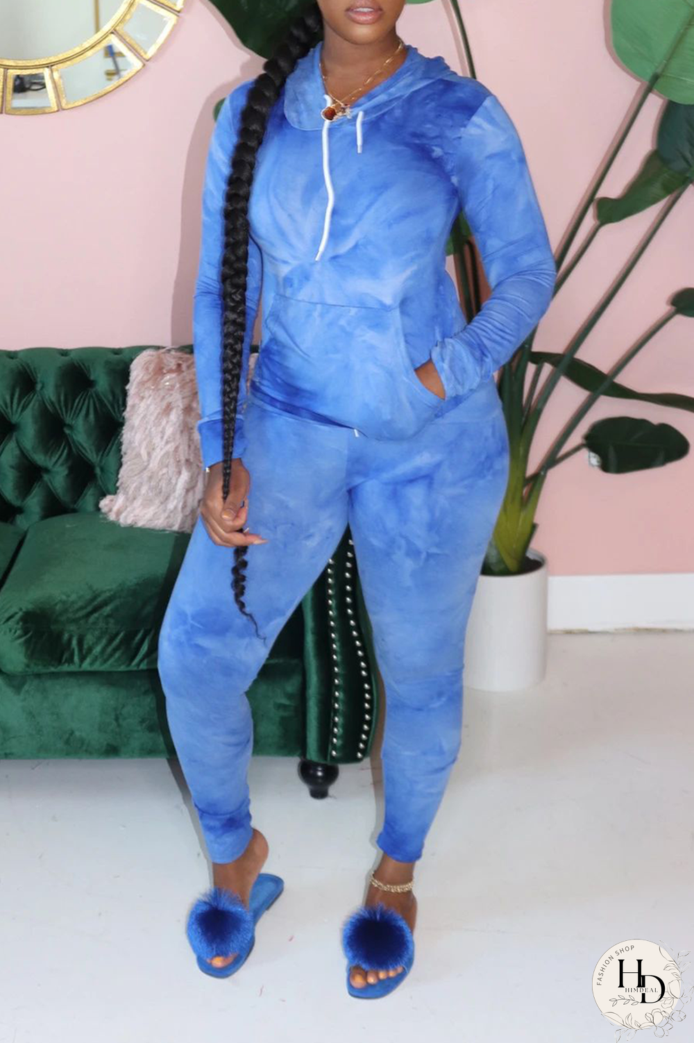 Yellow Casual Patchwork Tie-dye Hooded Collar Long Sleeve Two Pieces