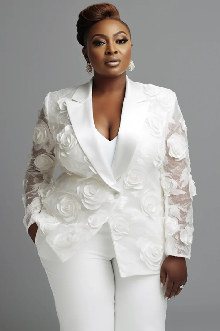 Xpluswear Design Plus Size Wedding White Elegant Lapel Collar Long Sleeve See Through 3D Two Piece Pant Suits [Pre-Order]