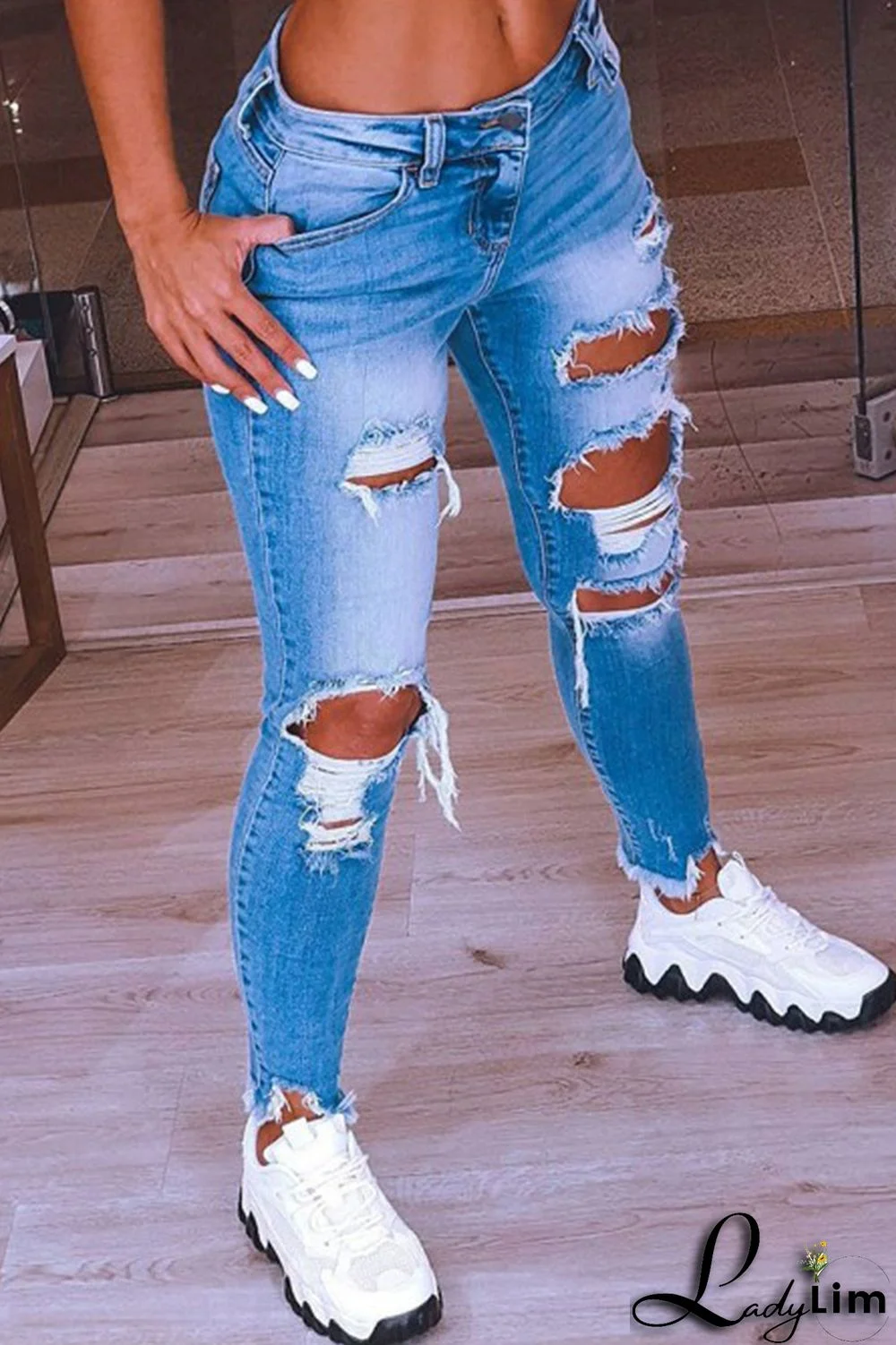 Dark Blue Fashion Casual Solid Ripped Low Waist Skinny Denim Jeans