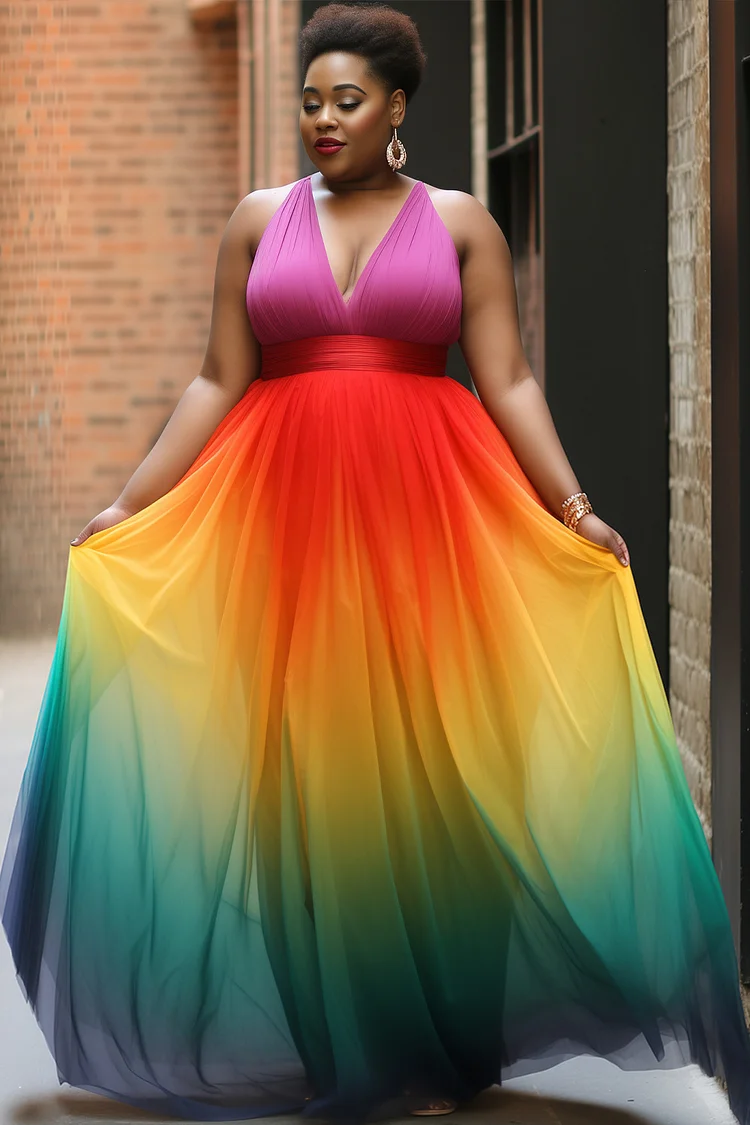 Xpluswear Design Plus Size Sundress Semi Formal Rainbow Gradient V Neck Tulle Maxi Dresses [Pre-Order]