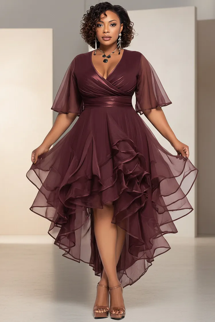 Xpluswear Design Plus Size Cocktail Party Brown Wrap Neck Short Sleeve Ruffle Asymmetric Hem Tulle Midi Dresses [Pre-Order] 2024 - Xpluswear
