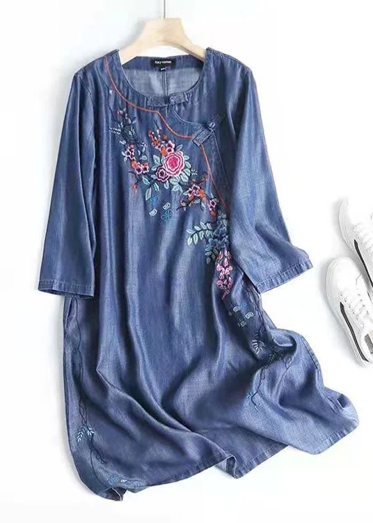 Italian Blue Embroideried Oriental Denim Dresses Summer Cotton Dress