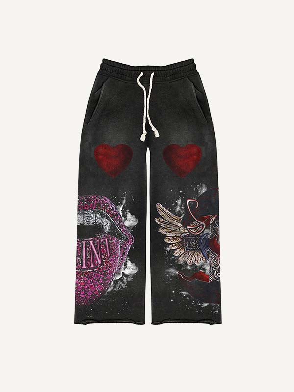 Cross&Wing&Heart&Letter&Tongue Print Elastic Waist Pants