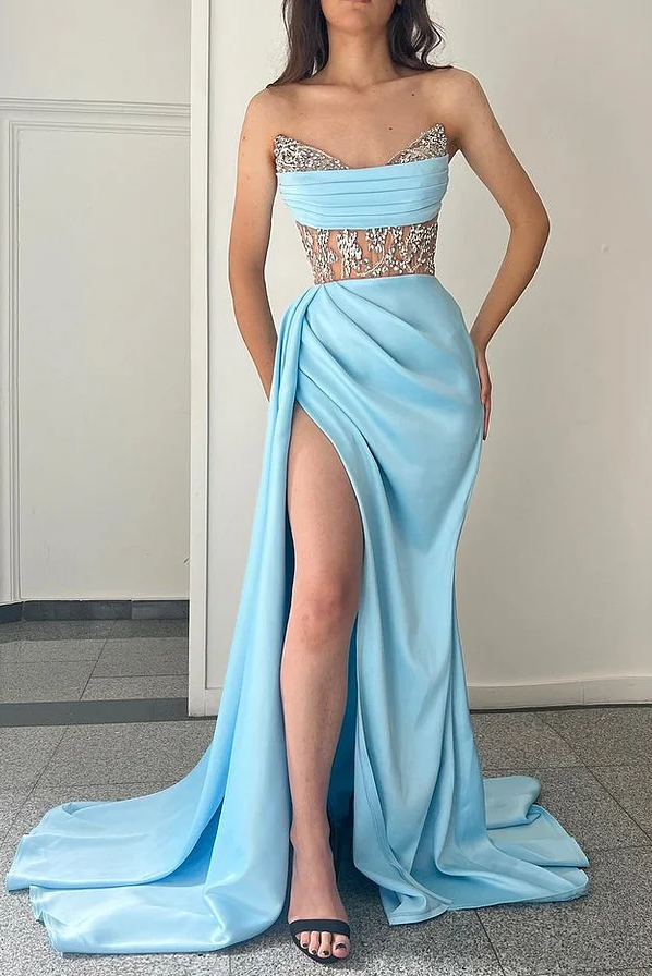 Oknass Modern Sky Blue Strapless Mermaid Prom Dress Split With Beads