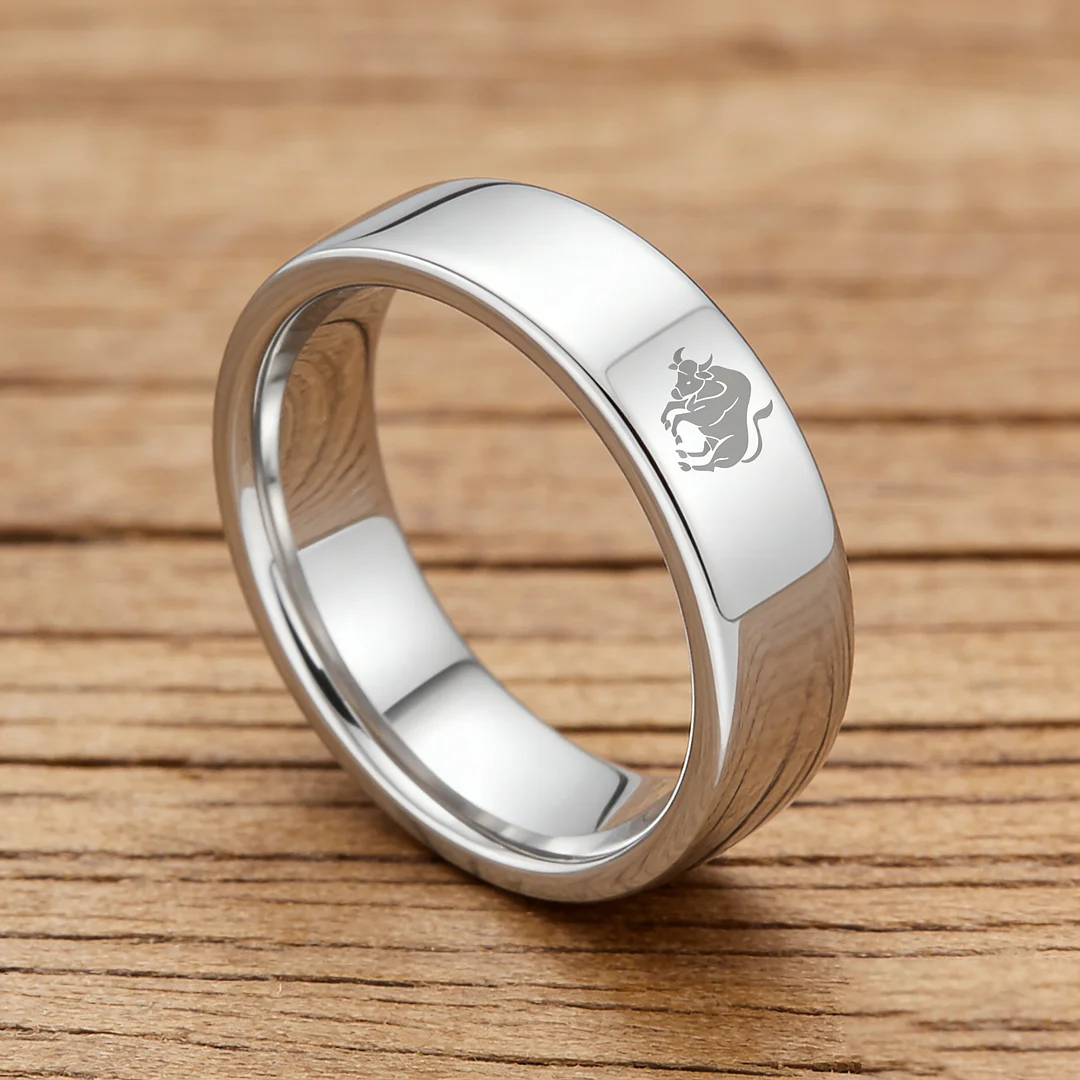 Taurus Tungsten Carbide Rings Sliver Flat Wedding Bands Comfort Fit Men and Women 4MM 6MM 8MM