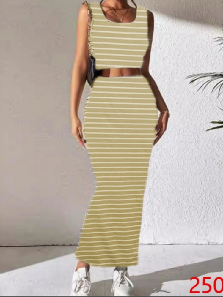 Tarewheels New Fashion Striped Print Bodycon Two Piece Sets Sping Summer Casual Tank Short Top & Slim Side Slit Midi Skirt Set Streetwear