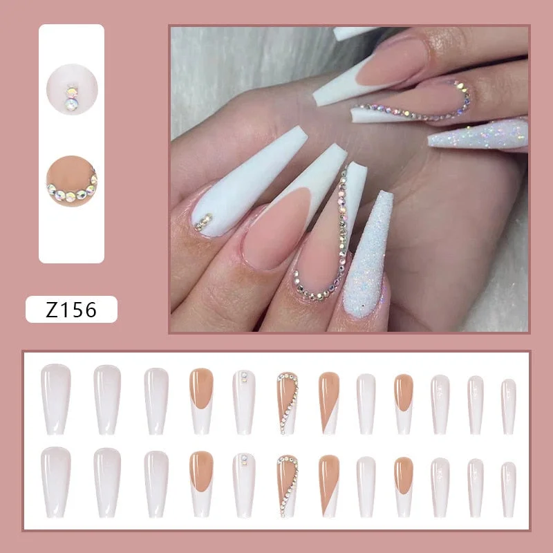 Fake Nail Patch Long Square Head Nails Exqusite Rhinestone Decor Nail Art Finished Nail Piece 24PCS Glue Type Best Gifts SANA889 515