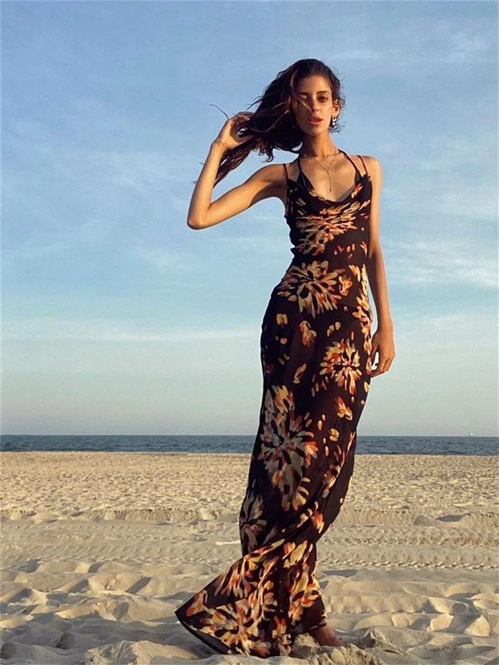 Europe and The United States Summer Holiday Women's New Sexy Print Pile Collar Halter Halter Long Dress Woman-Cosfine