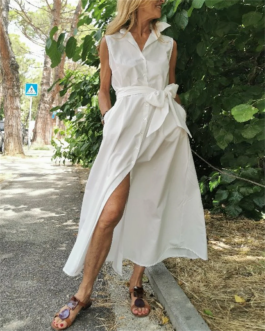 Women's Casual Sleeveless Lapel White Shirt Dress