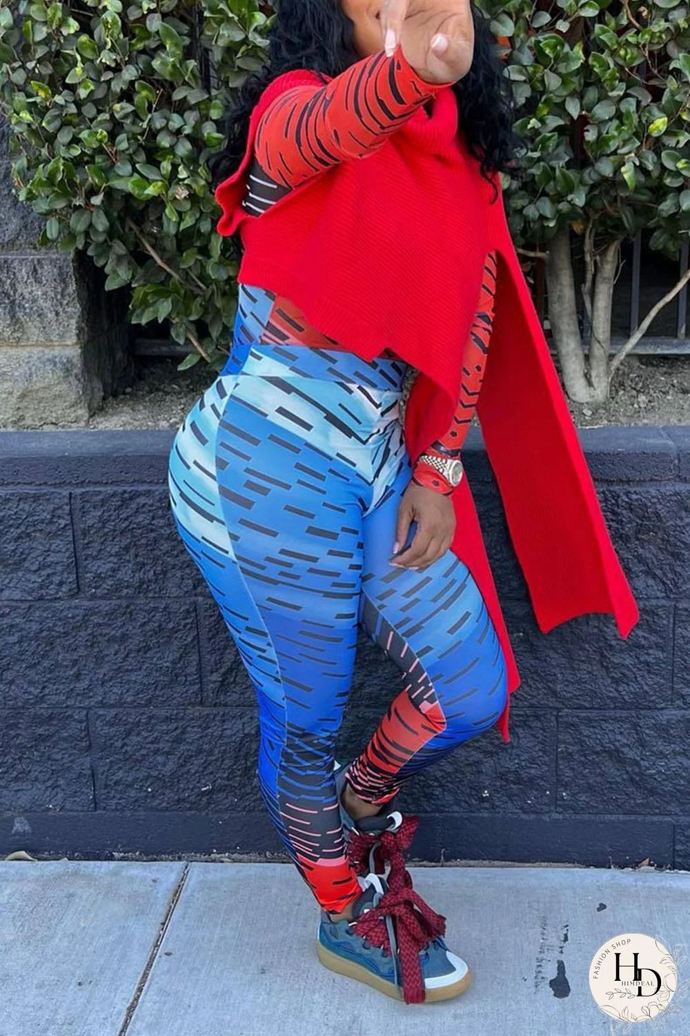 Red Street Solid Patchwork Slit Asymmetrical Turtleneck Tops