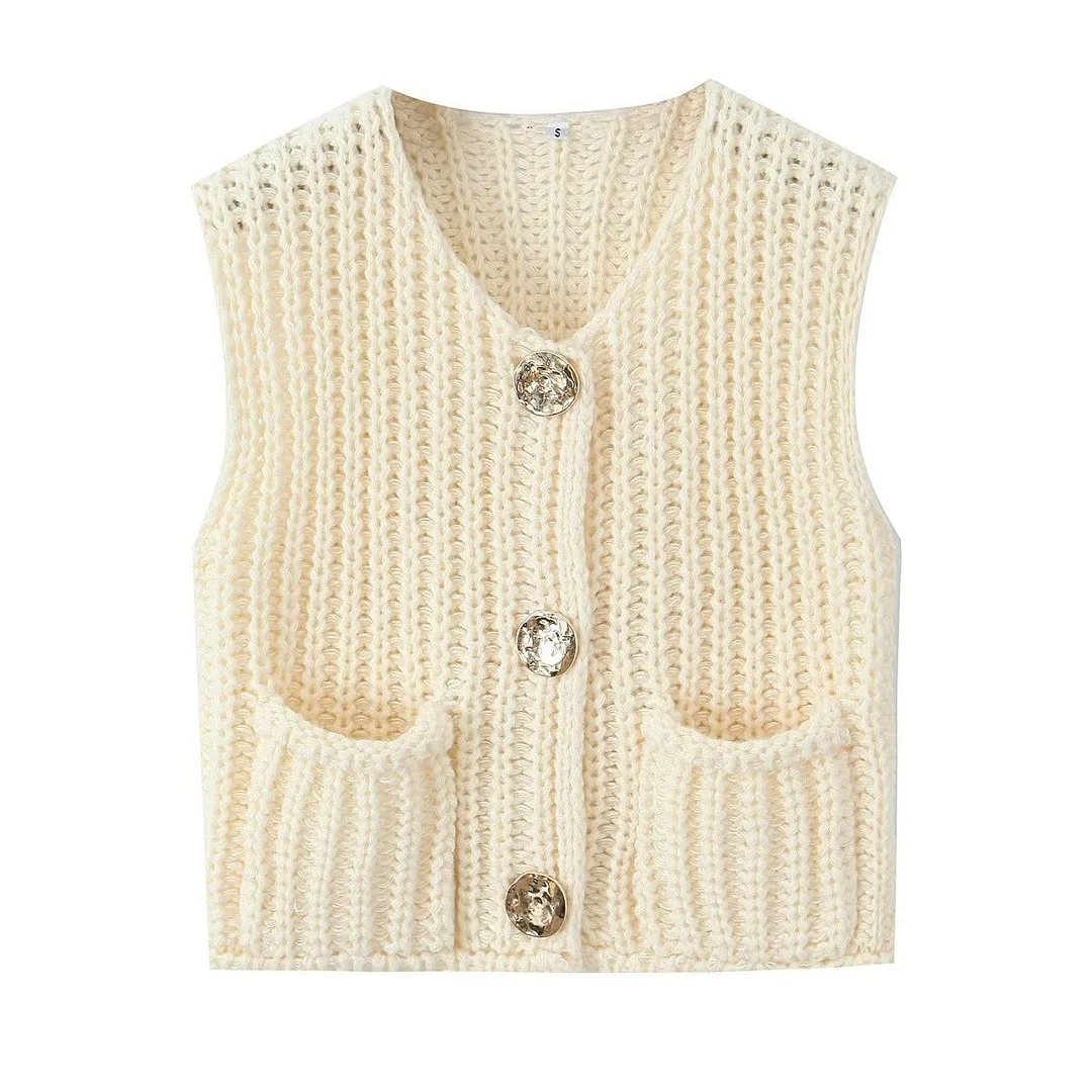 Nigikala Nigikala 2025 Spring And Autumn 2025 New Women's Pocket Sleeveless Short Knitted Cardigan Vest