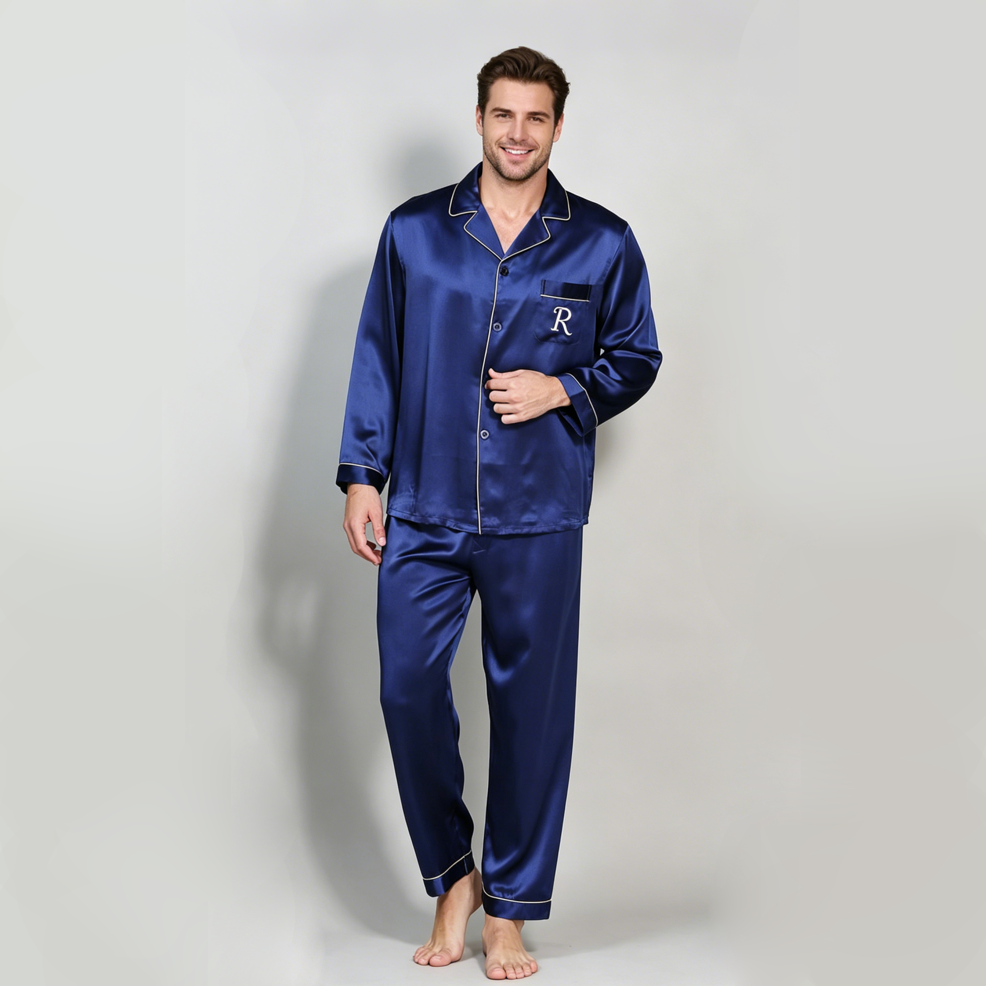 Monogrammed Silk Pajamas Men 22 Momme Mulberry Silk Matching Sleepwear Set REAL SILK LIFE