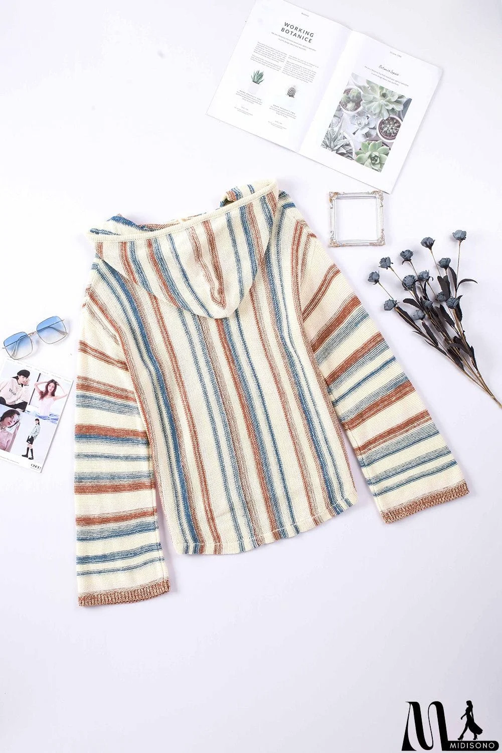 MidiSono - color Striped Knit Kangaroo Pocket Hooded Sweater