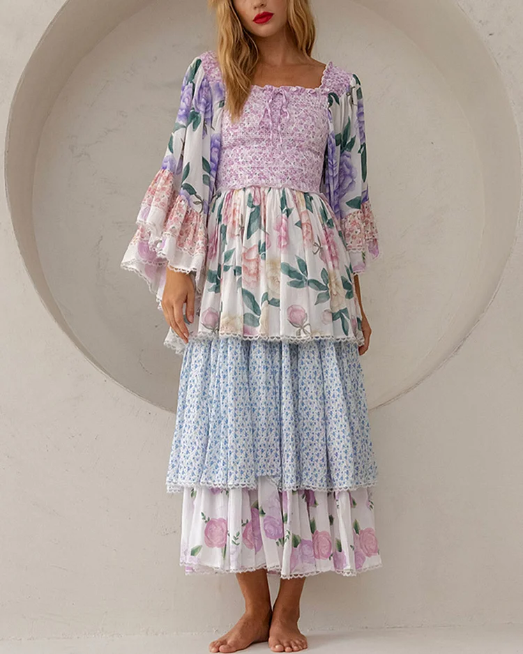 Sweet Floral Print Cascading Maxi Dress