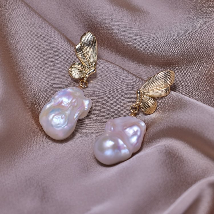 French 925 Silver Pin Vibrant Butterfly Baroque Pearl Earrings