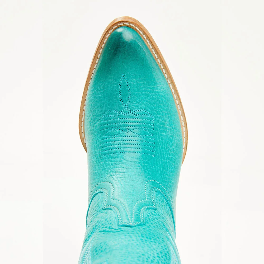 Turquoise Chunky Heel Embroidered Almond Toe Western Boots for Women