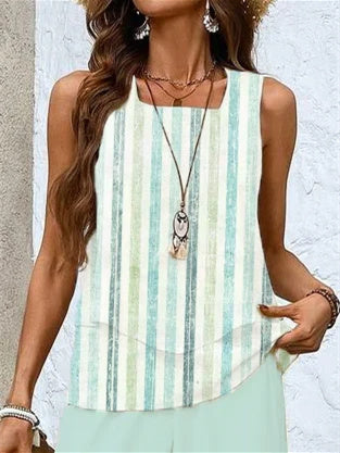 Women's Sleeveless Square Collar Striped Graphic Printed Casual Set