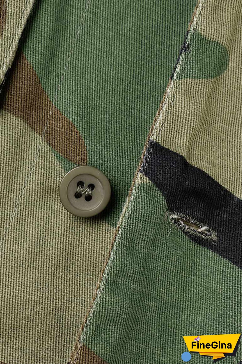 Camouflage Street Camouflage Print Patchwork Buckle Turndown Collar Tops