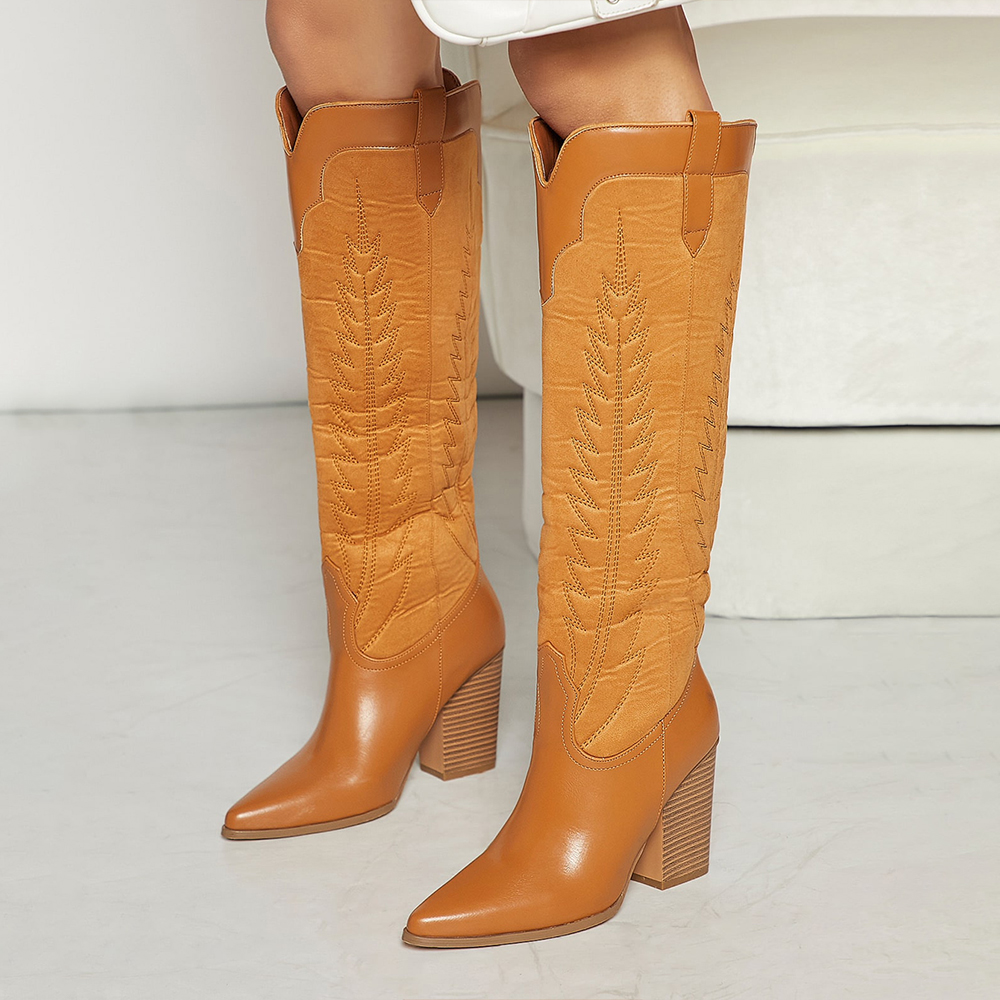 Yellow  Pointed Toe Knee High Boots Pattern Chunky Heels