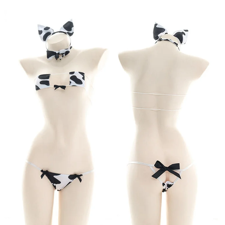 Kawaii Black Bowknot Ringbell Cute Cow Lingerie Set SP16848