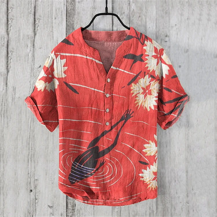 Vintage Japanese Frog Floral Art Print V-Neck Short Sleeved Shirt