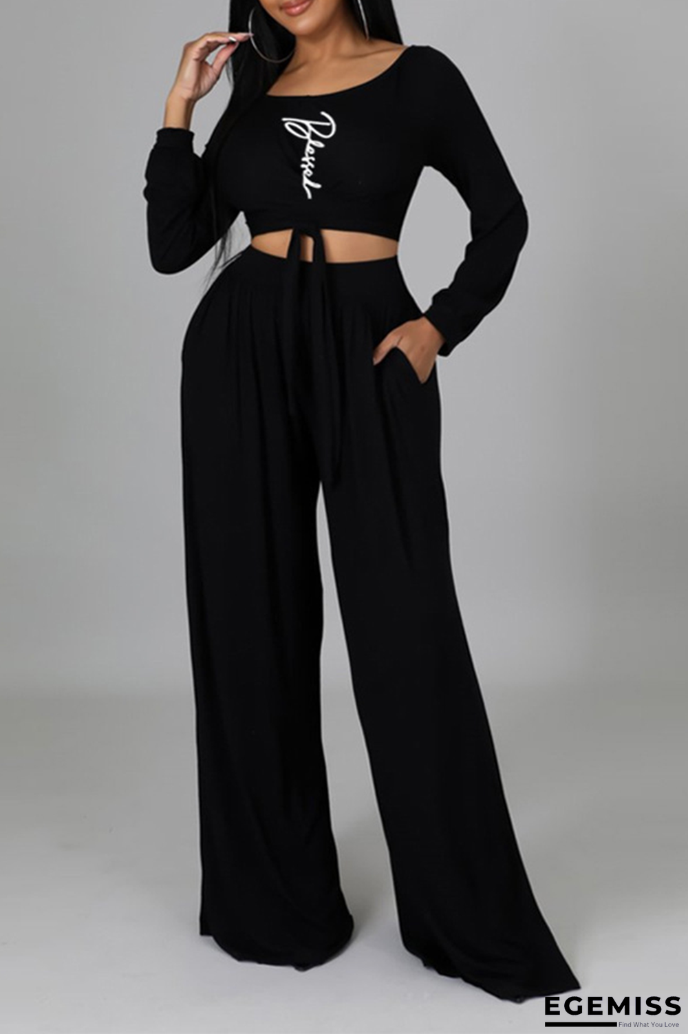 Black Casual Print Patchwork O Neck Long Sleeve Two Pieces | EGEMISS