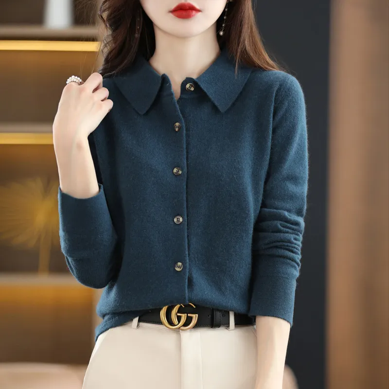 Churchf Churchf And Autumn POLO Collar Knit Shirt With Loose Long-Sleeved Sweater Non-Cashmere Cardigan Temperament Lapel Coat
