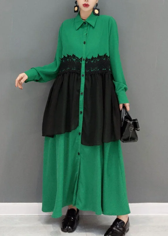 Women Green button Peter Pan Collar lace Patchwork shirt Dress