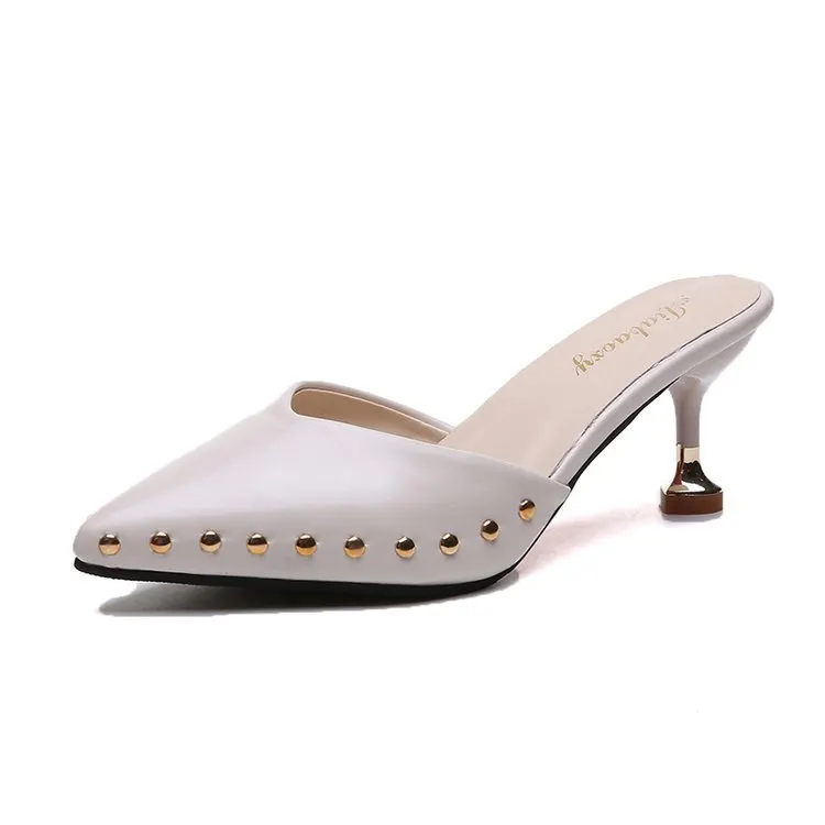 Yyvonne Version Slippers 2024 Summer New Pointed Riveted Stilettos Fashion One-Word Slippers Women's Head Sandals