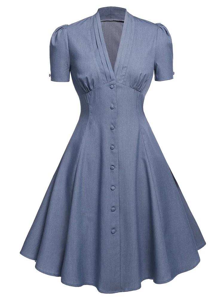 Gray 1950s Folds Button Swing Dress