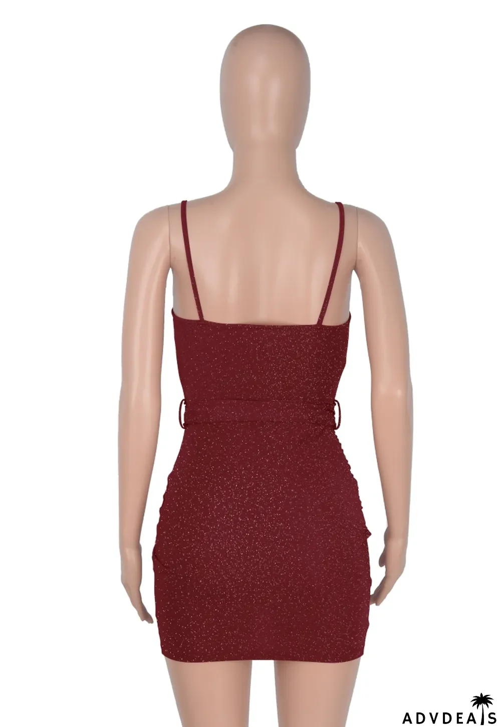Women Summer Burgunry Sexy Strap Sleeveless Solid Pleated Mini Club Dress