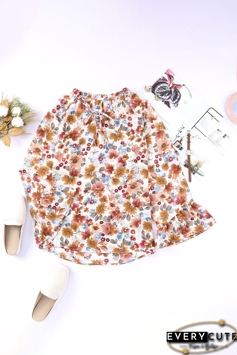 Orange Floral Print Flare Cuff Long Sleeve Blouse