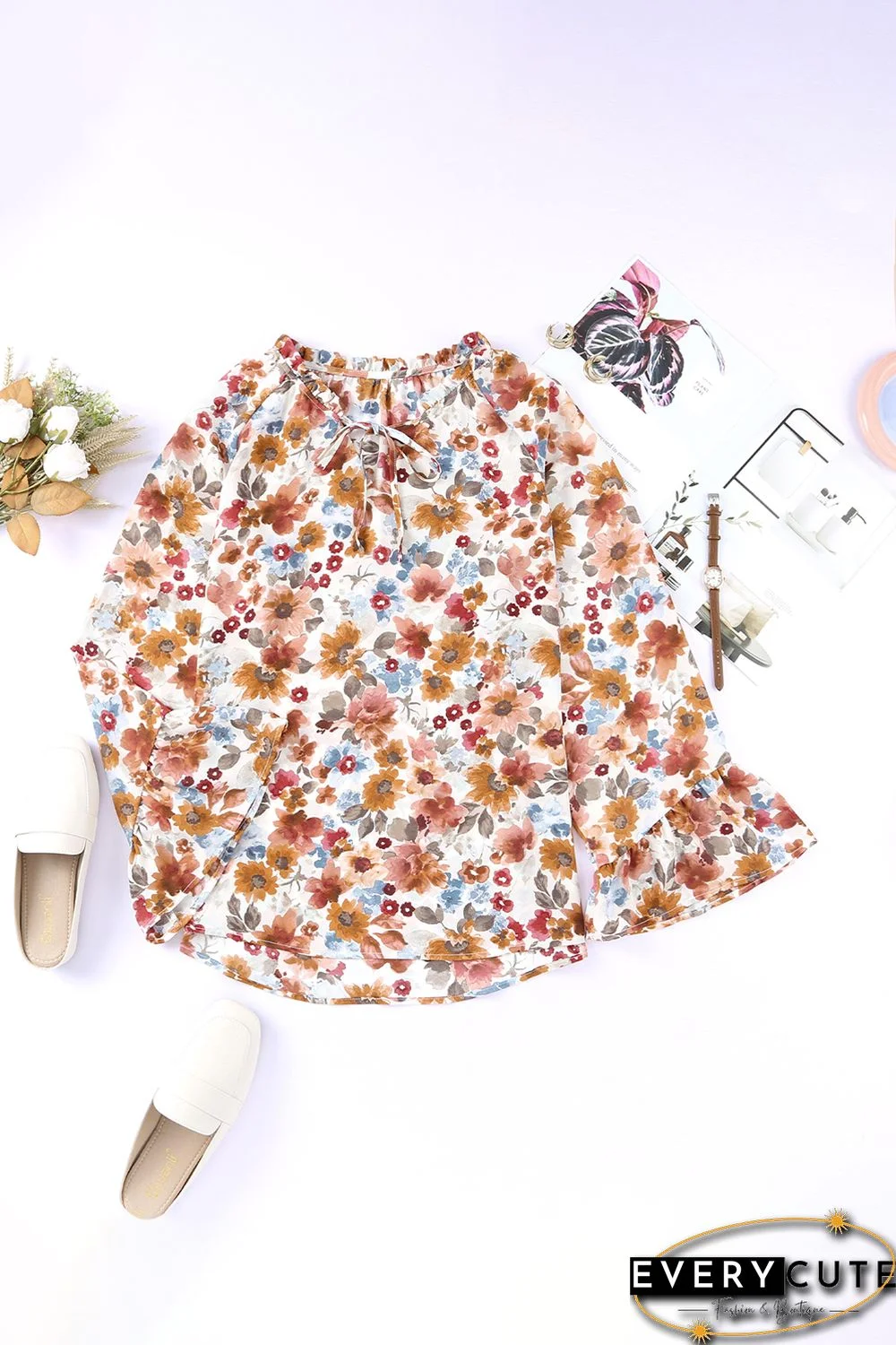 Orange Floral Print Flare Cuff Long Sleeve Blouse