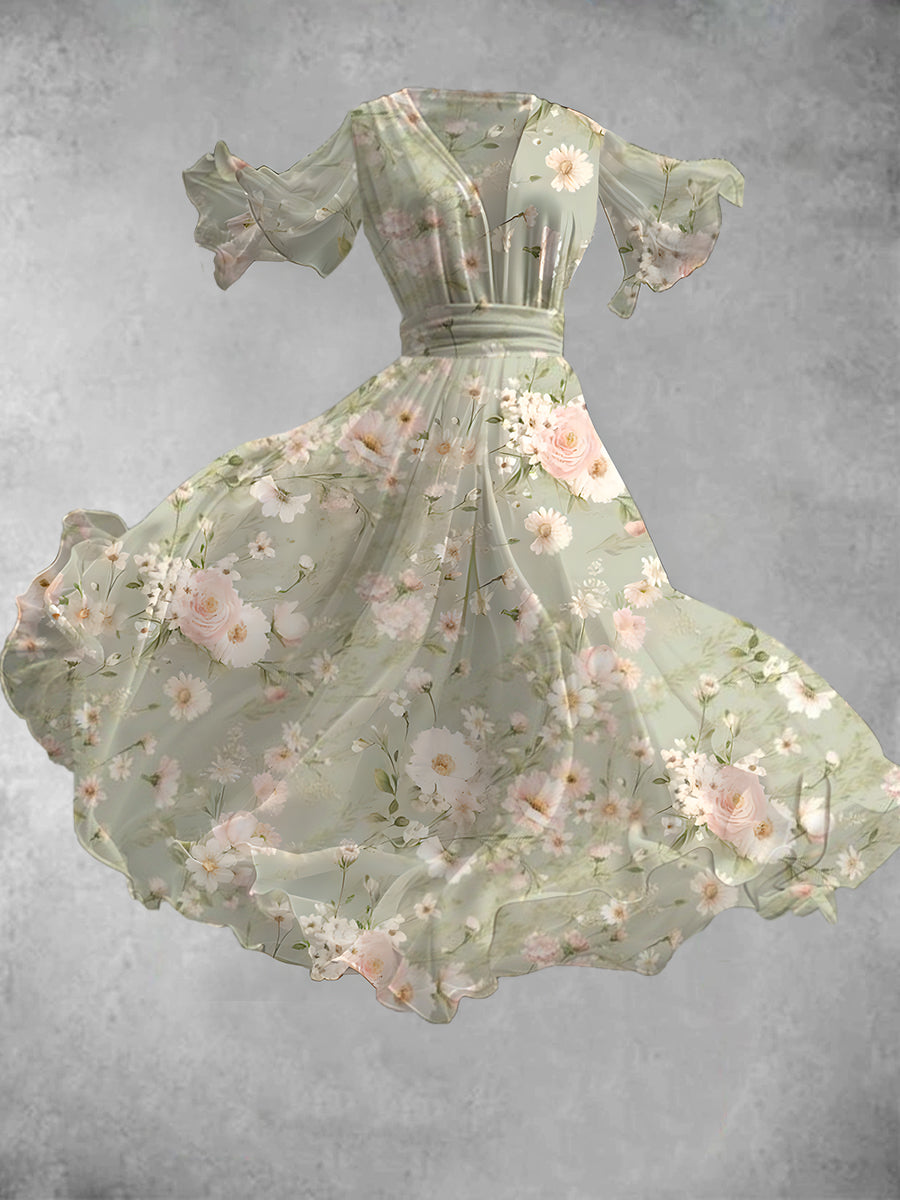 Floral Art Print V-Neck Vintage Elegant Chic Short Sleeve Flowy Midi Dress